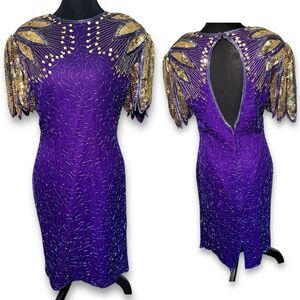 Laurence Kazar Silk Purple and Gold Embellished Sheath Dress